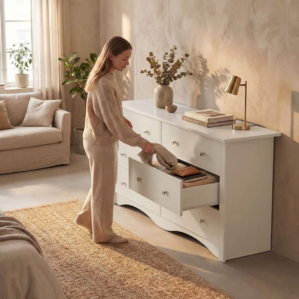 LACOO 47.2 in. 6 Drawer Double Dresser, MDF Chest Of Drawers Storage Tower Storage for Living Room Bedroom, White V-WD-0158A-WT - The Home Depot LACOO 47.2 in. 6 Drawer Double Dresser, MDF Chest Of Drawers Storage Tower Storage for Living Room Bedroom, White V-WD-0158A-WT - The Home Depot