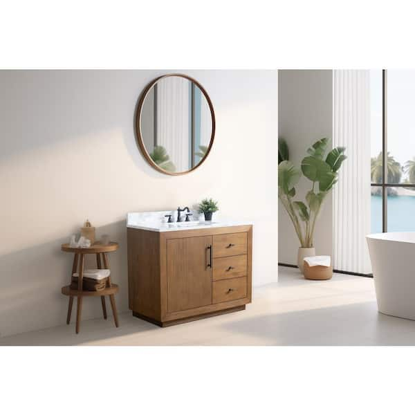 iKOU VA42WO Vienna 42 inch Engineered Stone Countertop Single Sink Bathroom Vanity with Power Bar and Drawer Organizer, White Oak at KBA Home Studio