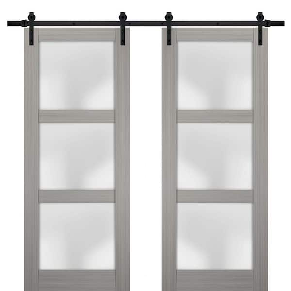 Sartodoors 28 in. x 84 in. 2 Panel Frosted Glass Gray Ash Solid Wood Sliding Barn Door with Hardware Kit