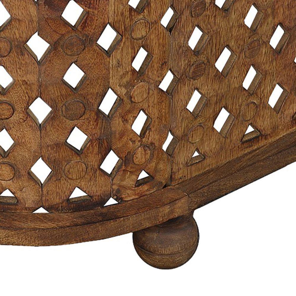 Antique Brown Oval Mango Wood Coffee Table with Cutout Design