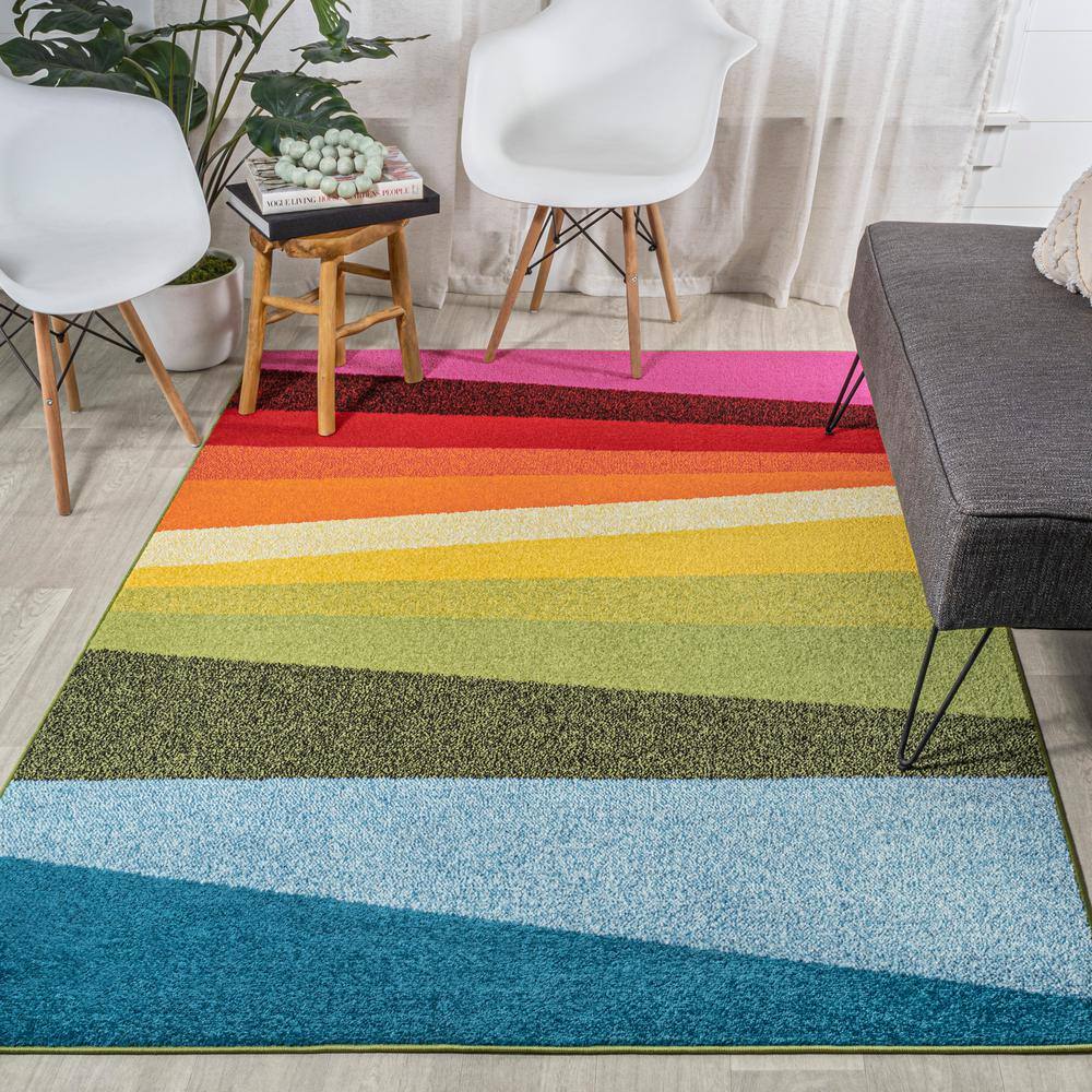 Colorful Geometric Striped Blue Synthetic Kids' 4' x 6' Rug