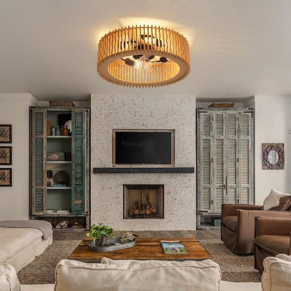 20 in. Natural Wood Flush Mount Ceiling Fan with Light, Wavy Caged Low Profile with Remote Reversible Blades