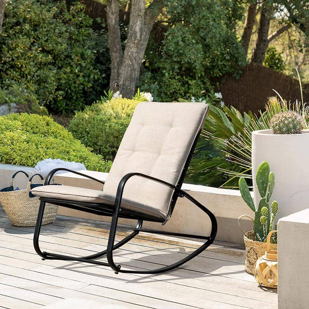 Black Metal Patio Outdoor Rocking Chair with Removable Paded Gray Cushion