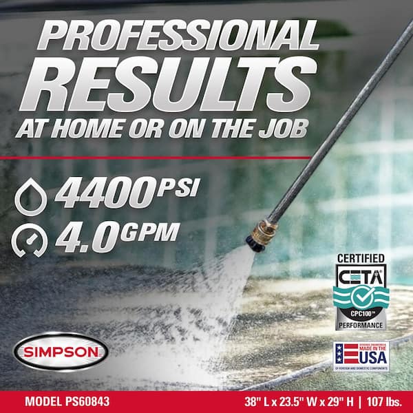 SIMPSON - 4400 PSI 4.0 GPM Gas Pressure Washer with CRX420 Engine, Heavy-Duty Commercial Cold Water Power Washer
