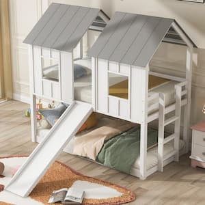 White Twin Over Twin House Bunk Bed with Slide and Windows, Wood Low Bunk Bed Frame with Ladder and Guardrails for Kids