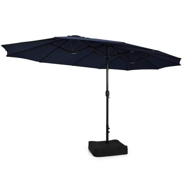 AOPSPS 15 ft. Metal Double-Sided Twin Patio Umbrella with Crank and Base in Navy