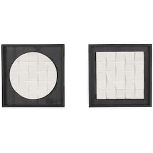 Wood White 3D Cube Grid Geometric Wall Art with Black Frames (Set of 2)