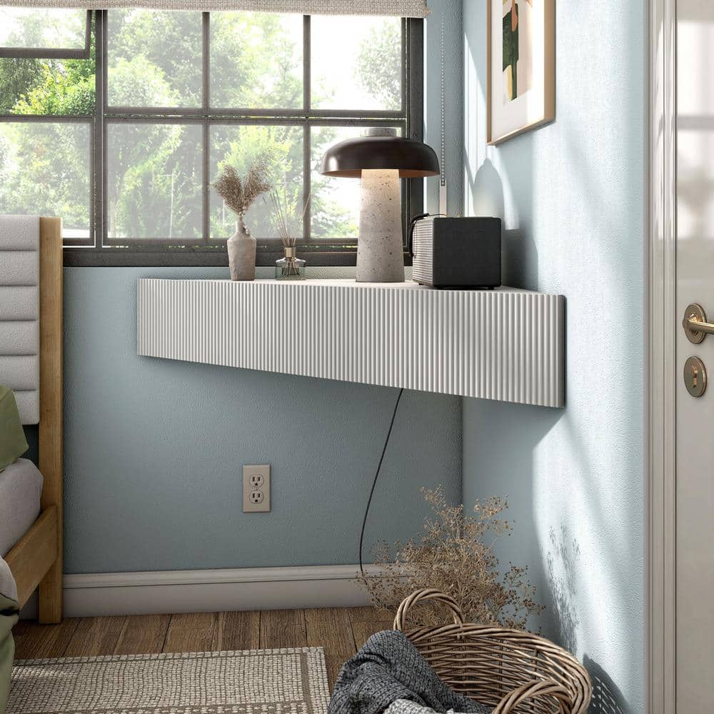 White 47-Inch Wood Corner Floating TV Console with Cabinet