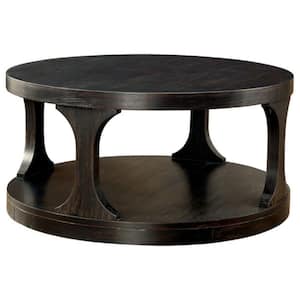 36 in. Antique Black Medium Round Wood Coffee Table with Shelf