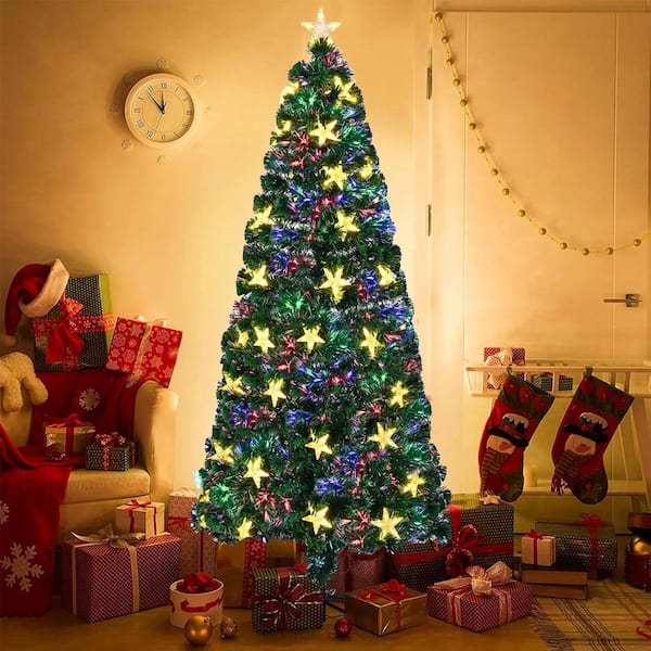 7 ft. Pre-Lit Fiber Optic Artificial Christmas Tree w/ Color-Changing Lights,Star Decorations and A Foldable Metal Stand