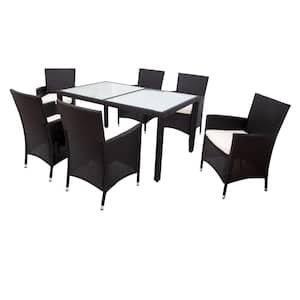 7-Piece Patio Black PE Rattan Wicker Outdoor Dining Set with Tempered Dull-polished Glass Tabletop and Beige Cushions