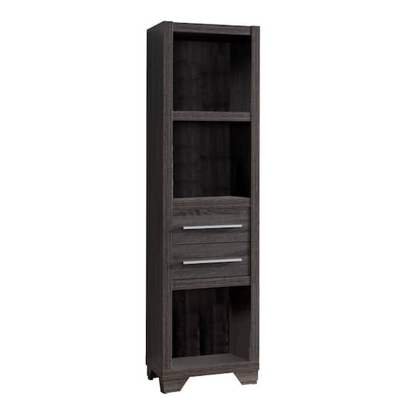 Benjara Distressed Gray Wooden Media Tower with 2 Drawers and 3 Shelves