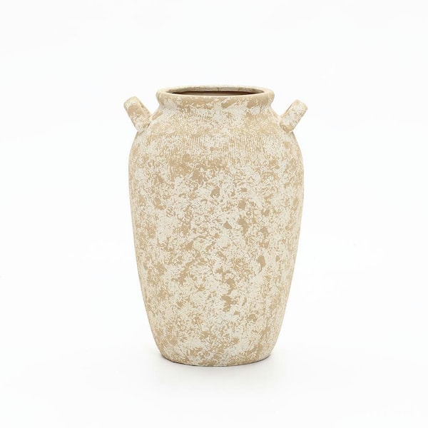 15.8 in. Tall Vintage Pottery Off-White with Brown Ceramic Round Vase