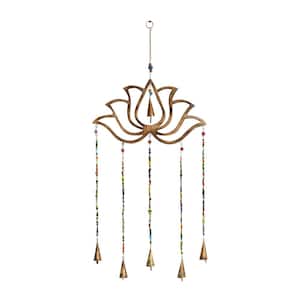 30 in. Gold Mango Wood Floral Lotus Windchime with Glass Beads and Cone Bells