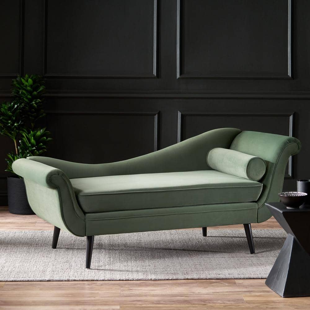 Sage Green Velvet Chaise Lounge with Dark Brown Birch Legs