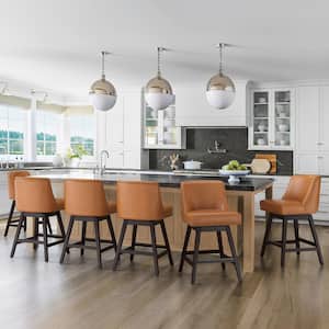Hampton 26 in. Solid Wood Brown Swivel Bar Stools with Back Faux Leather Upholstered Counter Bar Stool Set of 6