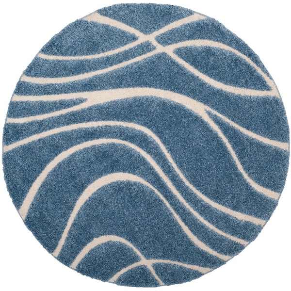 Florida Shag Light Blue/Cream 4 ft. x 4 ft. Round Solid Area Rug
