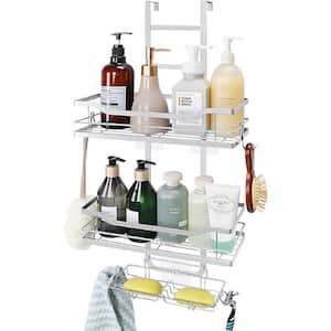 Over-The-Door Shower Caddy Organizer, Shower Storage Rack Shelf with Hooks and Soap Holder in Silver
