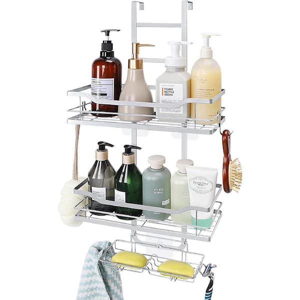 Oumilen Over-The-Door Shower Caddy Organizer, Shower Storage Rack Shelf with Hooks and Soap Holder in Silver