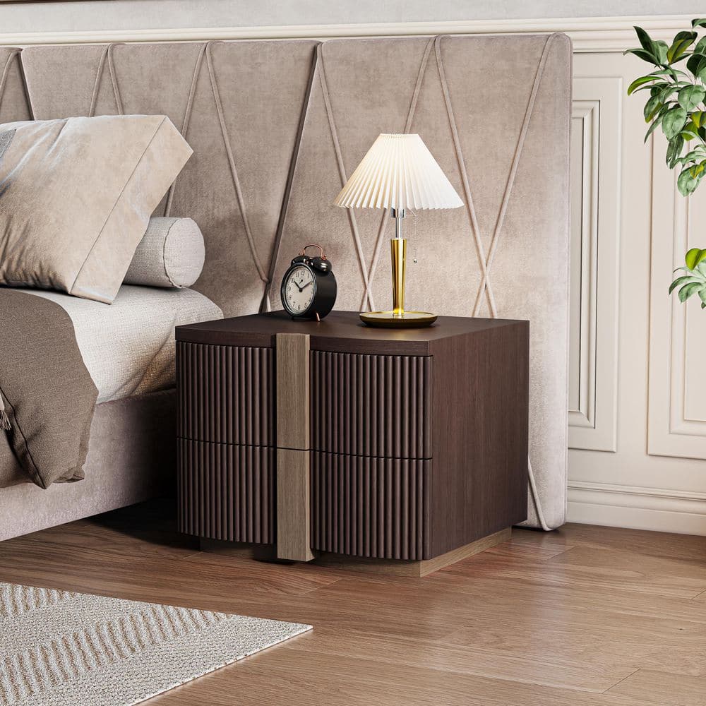 Osvain Modern Dark Brown 2-Drawers Bedside Table Nightstand with Fluted Design for Living Room, Bedroom