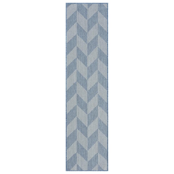 Patio Country Calla Blue/Grey 2 ft. x 7 ft. Herringbone Indoor/Outdoor Area Rug