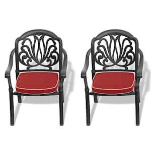 Black Outdoor Cast Aluminum Patio Dining Chair with Red Cushions (2-Pieces)