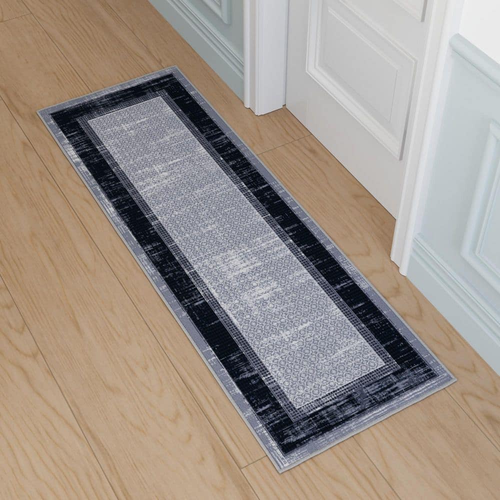 Gray and Black Non-Slip Synthetic Hallway Runner Rug