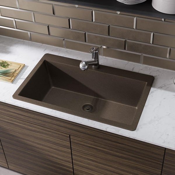 Rene Umber Granite Quartz 33 in. Single Bowl Drop-In Kitchen Sink Kit