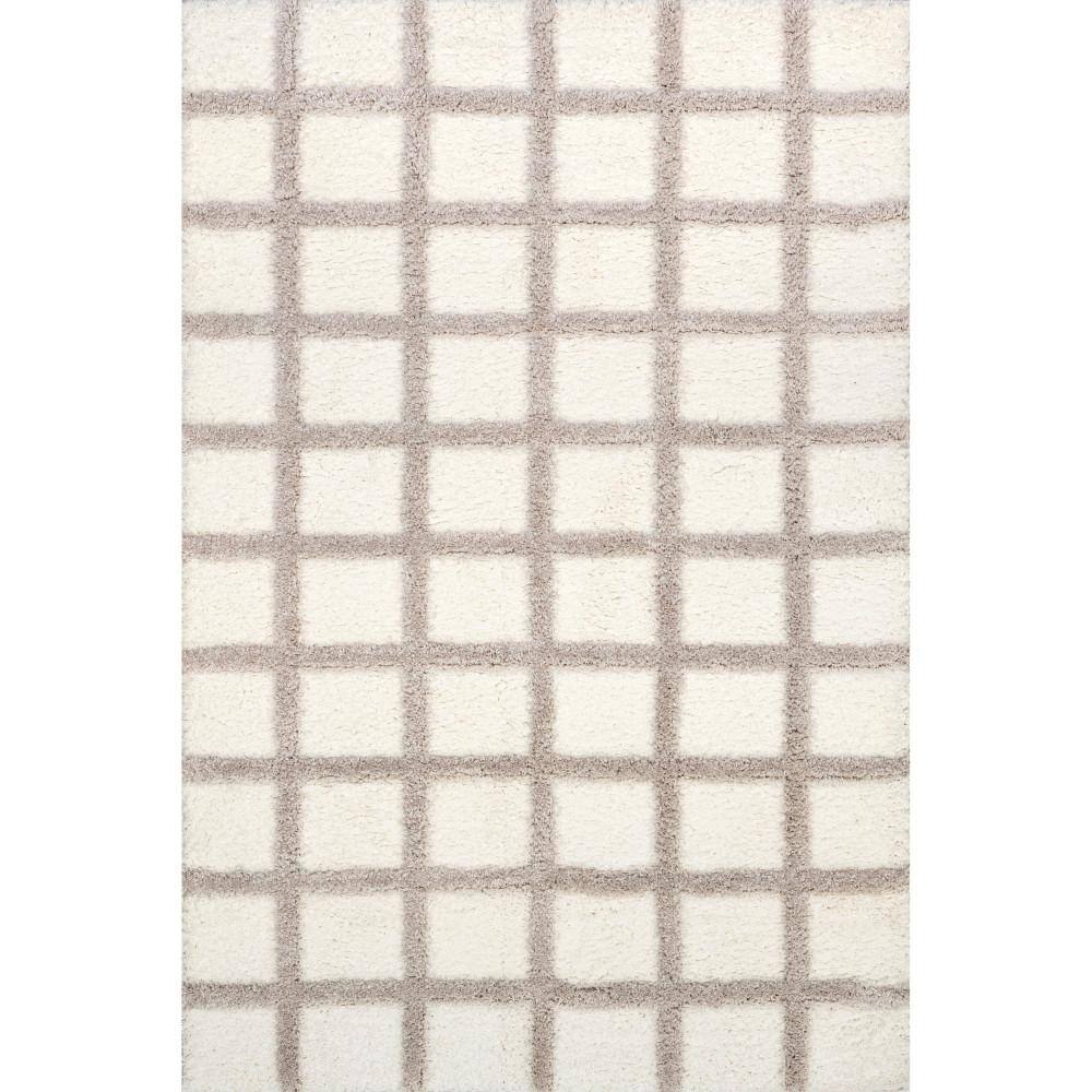 Beige and Gray Checkered Synthetic Shag Area Rug, 4' x 6'