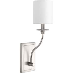 Bonita Collection 1-Light Brushed Nickel Wall Sconce with White Linen Shade