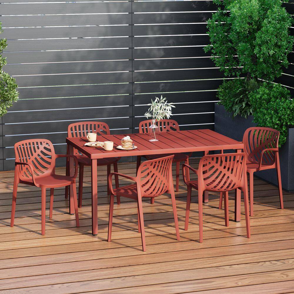 Frond and Form Outdoor Patio Modern 7-Piece Rectangular Steel Table, 6 Stackable HDPE Plastic Chairs Dining Set, Red