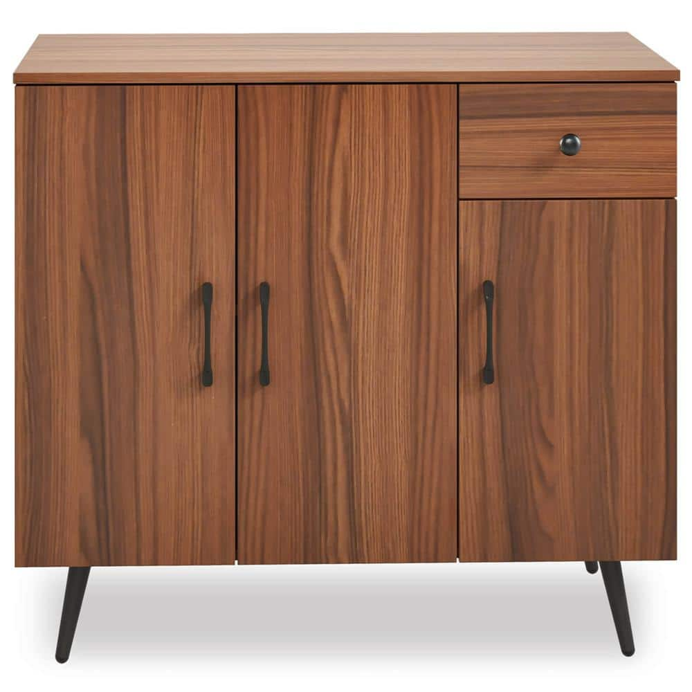 Costway Walnut MDF 35.5 in. Buffet Cabinet with 3 Doors and Pull-out Drawer Adjustable Shelves Anti-Tipping Kits