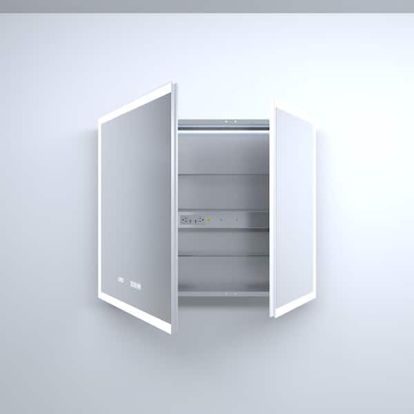 36 in. W x 30 in. H Rectangular Silver Aluminum Recessed/Surface Mount Medicine Cabinet with Mirror, LED and Clock