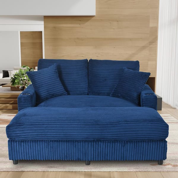 Keene Blue Polyester Upholstered Large Squre Arm Chaise Lounge with Cup Holders, Throw Pillows