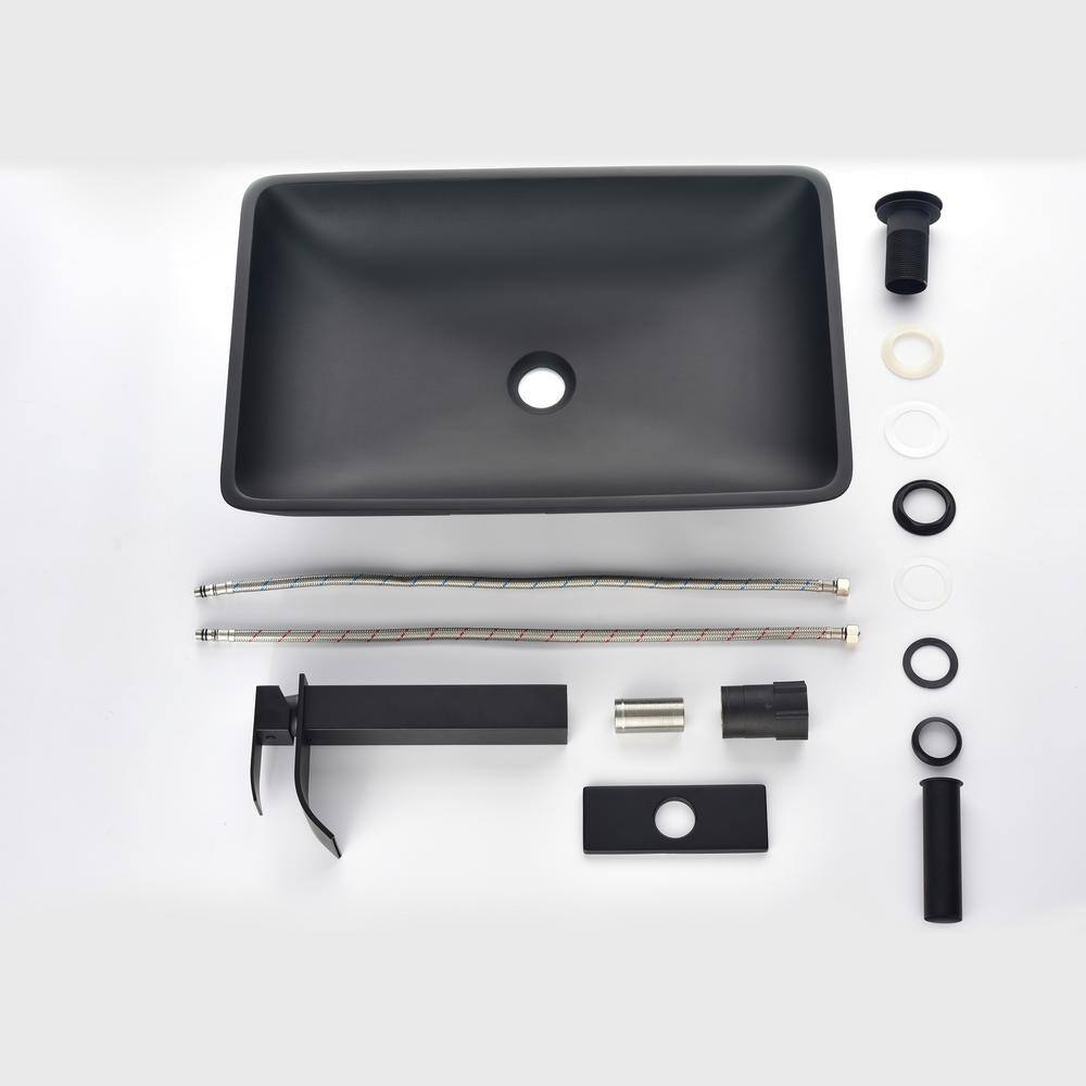 Matte Black Rectangular Glass Vessel Sink with Faucet and Drain