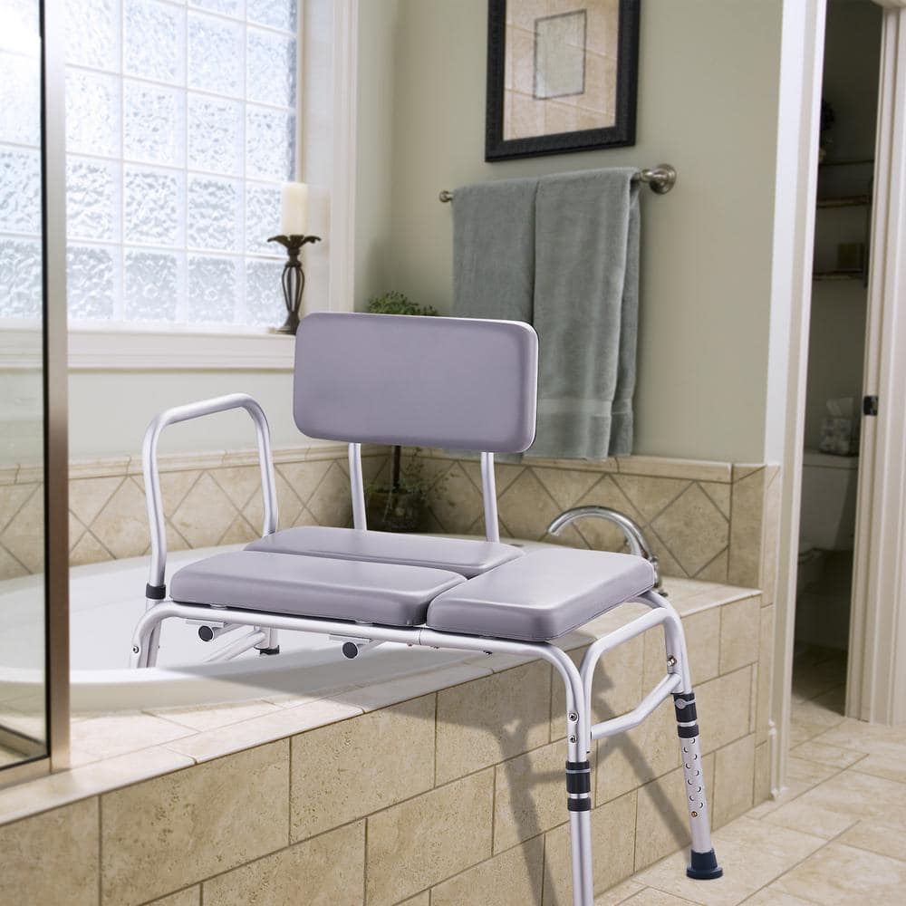Gray PVC Adjustable Bathtub Transfer Bench with Padded Seat