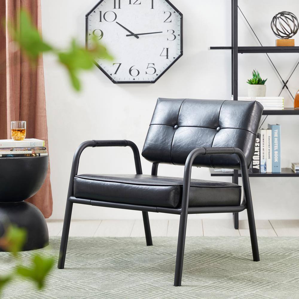 Black Leatherette Mid-Century Modern Metal Accent Chair