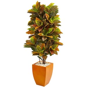 Real Touch 5.5 ft. Indoor Croton Artificial Plant in Orange Planter