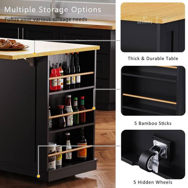 Zeus & Ruta Black Wood 53 in. W Large Rolling Kitchen Island