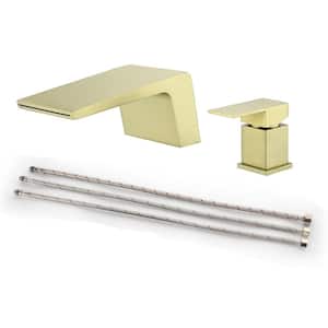 Single-Handle Waterfall Deck-Mount Roman Tub Faucet with 2-Hole Brass Bathtub Fillers in Brushed Gold