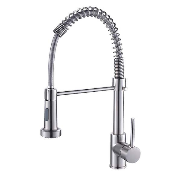 Tahanbath Single Handle Deck Mount Pull Down Sprayer Kitchen Faucet in Brushed Nickel