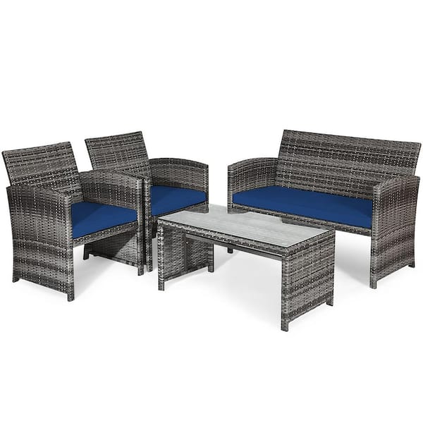 Costway 4-Piece Wicker Patio Conversation Set with Navy Cushions