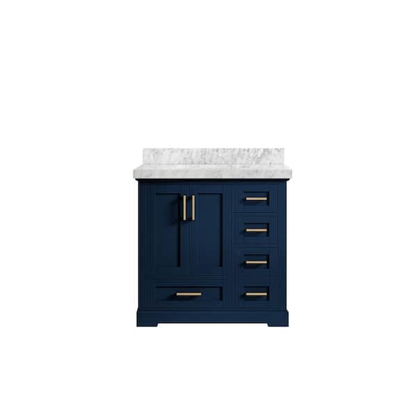 Willow Collections Boston 36 in. W x 22 in. D x 36 in. H Single Sink Bath Vanity Center in Navy Blue with 2" Carrara Marble Top