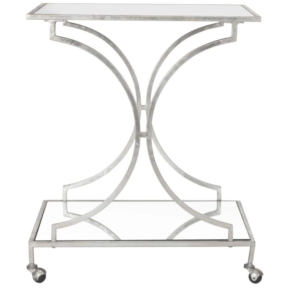 Transitional Silver Mirrored Glass 2-Tier Bar Cart with Storage