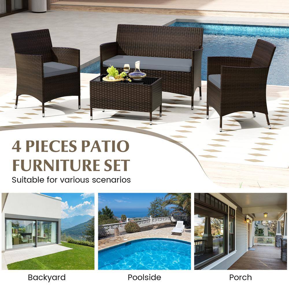 4-Piece Gray Rattan Wicker Patio Sofa Set with Cushions and Coffee Table