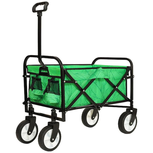 2 cu. ft. Steel Frame Outdoor Garden Cart Support 225 lbs. Waterproof Fabric Folding Wagon With Fixed Belt, Green Leaf