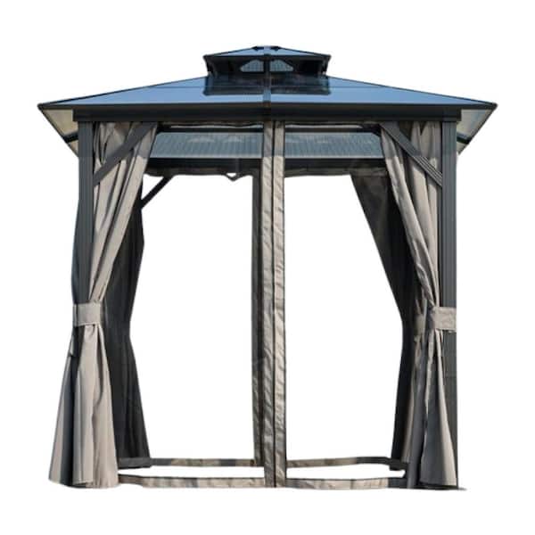 8 ft. x 8 ft. Outdoor Portable Grill Gazebo with UV-Resistant Polycarbonate Roof and Storage Hooks in Gray