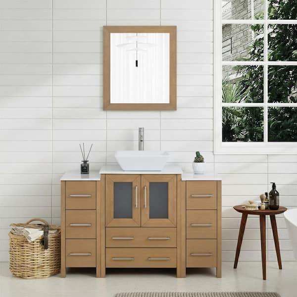 48 in. W Single Basin Natural Oak Bath Vanity with White Engineered Marble Top and Mirror