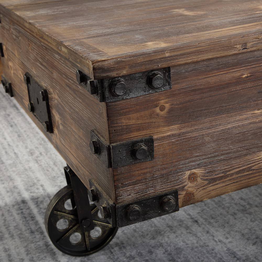 Rustic Brown Wood Factory Cart Coffee Table with Wheels