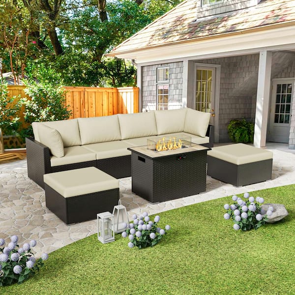eVita 7-Piece Outdoor Wicker Patio Conversation Seating Set with Propane Fire Pit Table (Light Beige Cushion)